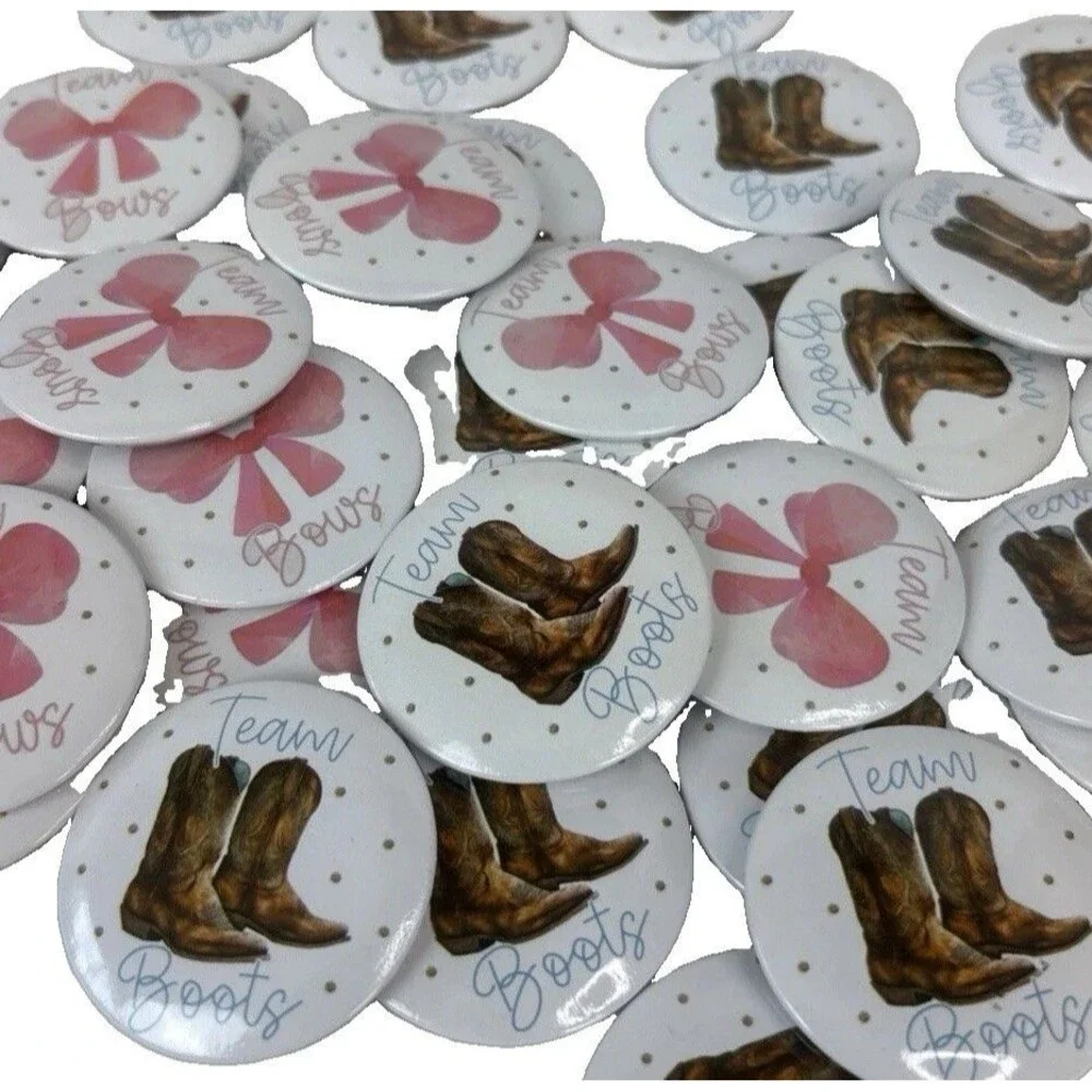 Bows & Boots set of 48 (24 Bows/24 Boots) Gender Reveal 1.75” Metal Pins. NWOT